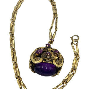 Antique Victorian Genuine Large Amethyst Cabochon & Glass Gold Tone Necklace